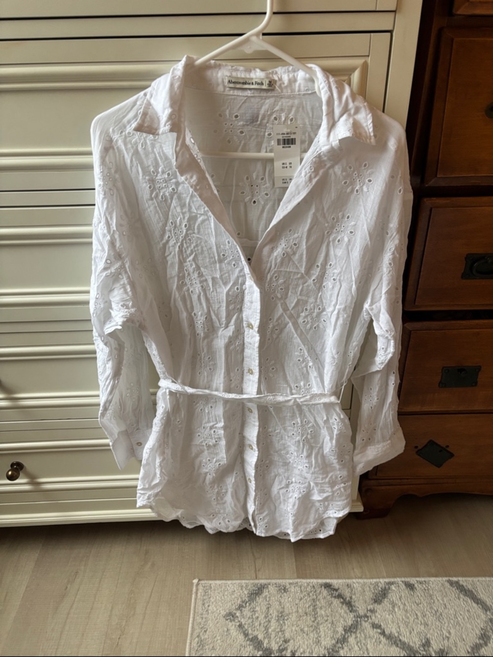Abercrombie & Fitch White Eyelet Tie-Waist Button-Down Swim Coverup
